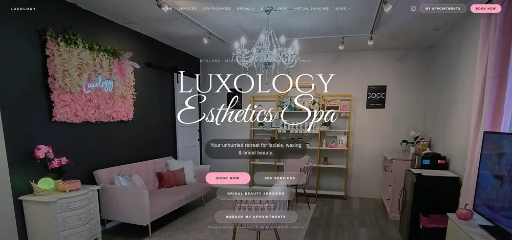 Luxology Esthetics spa website showing its Midland interior, service links, and booking button